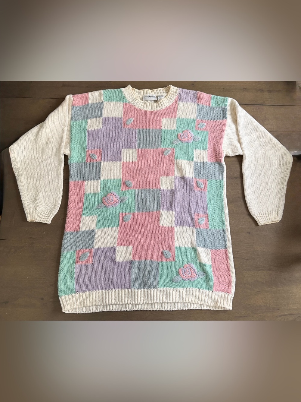 Yarn Works Vtg Pastel Knit Rose Patchwork Crew Neck Pullover Sweater L- Read